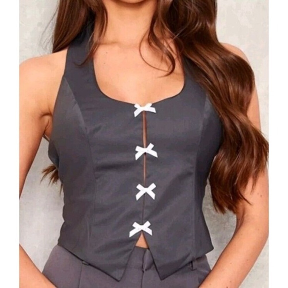 Charcoal Halter Neck Bows Womens Top Blouse size 12 Dark Gray